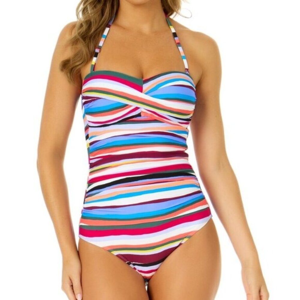 Anne Cole Striped Twist-Front Bandeau One-Piece Swimsuit | Size 16 | Multi